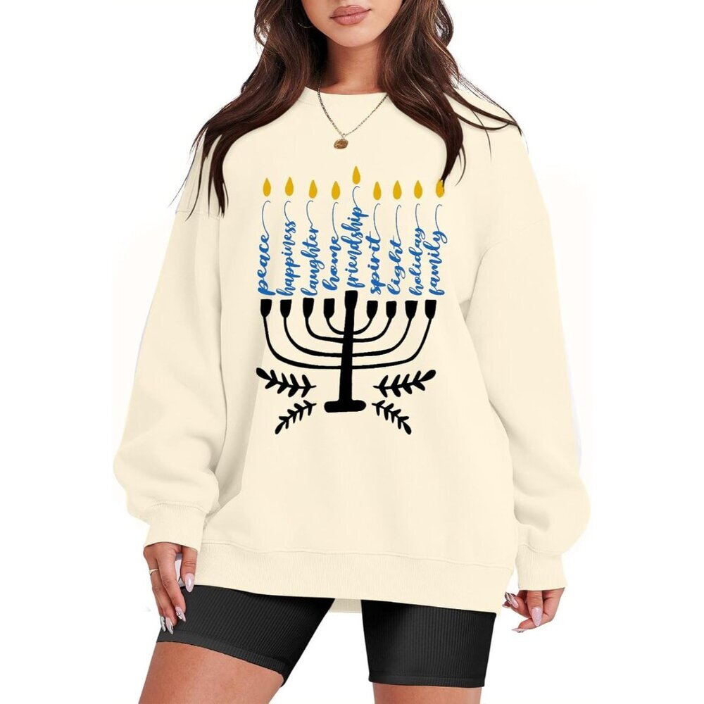 Hanukkah Sweater Women Menorah Pullover Casual Long Sleeve Holiday Top